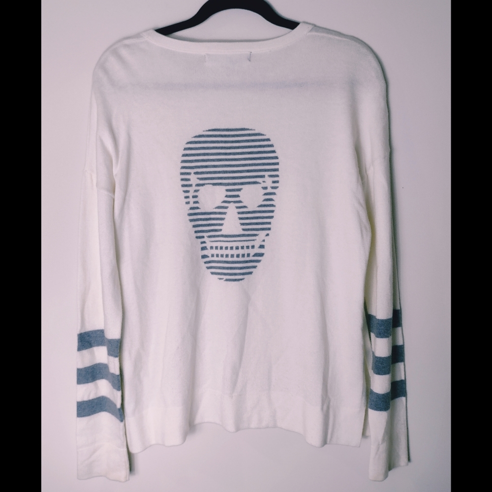 Skull Cashmere White Sweater w/ Grey Stripes on Sleeves